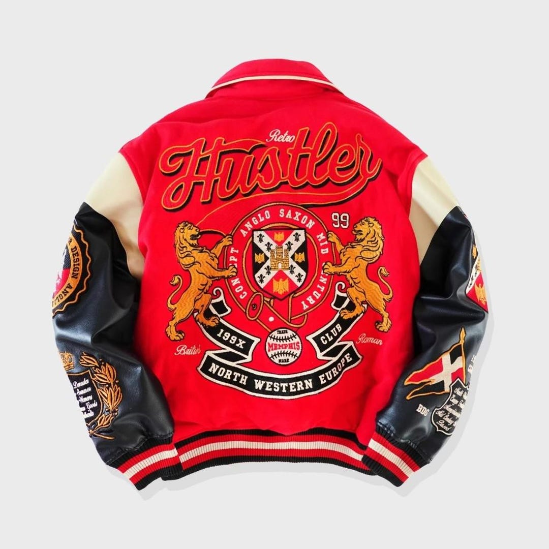 【KOOLOSET】Glitter Leather Varsity JP Hustler Work Harder - Red Varsity Jacket - Streetwear Style