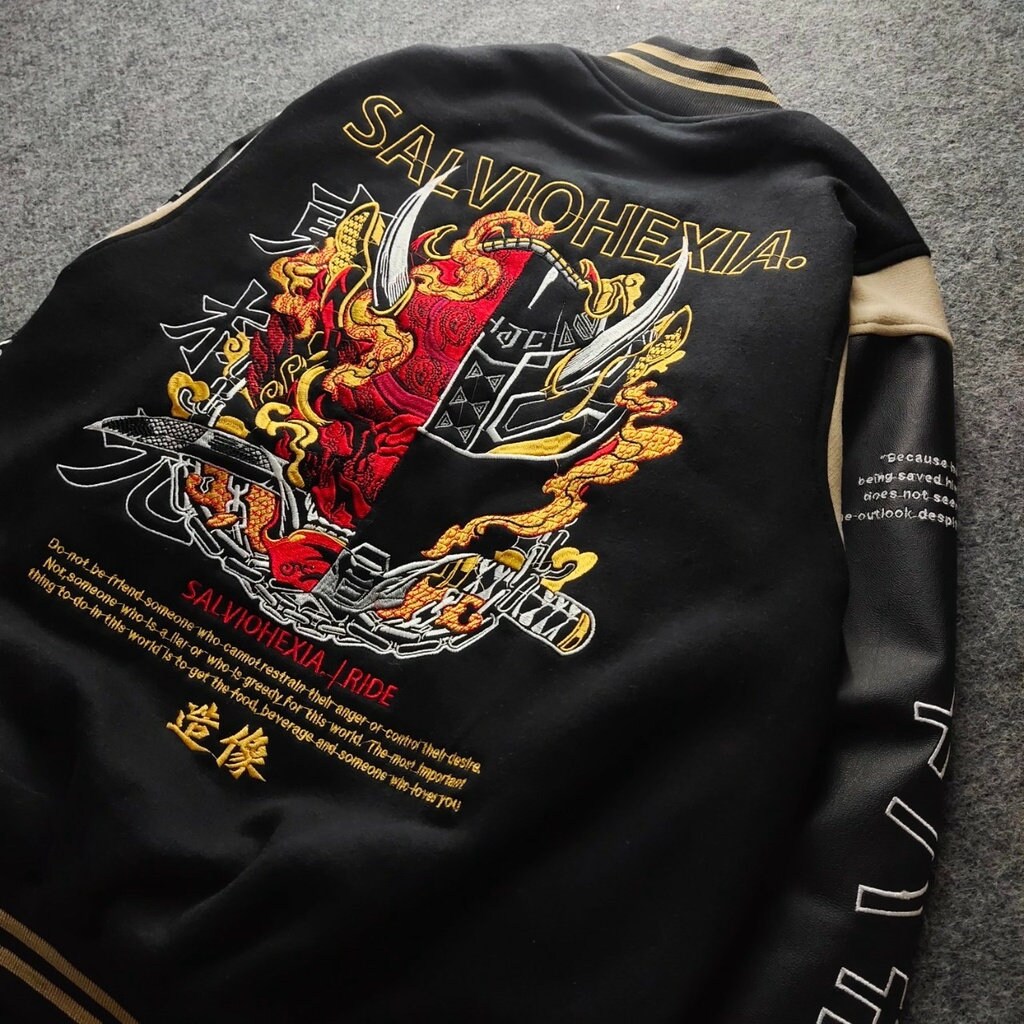 Japan Demon Sword Warrior Jacket Varsity Streetwear Streetstyle  Full Embroidered Black Rare Unique