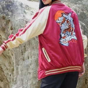 Tiger Stone Sukajan Varsity Jacket - Maroon - Gold - Japanese Streetwear - Asian Symbolic - Style - Vintage - Unisex - Available Size S-2XL