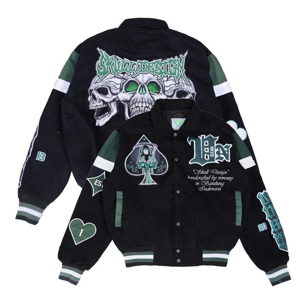 Tris Skull Grim Reaper Varsity Jacket - Rummy Card - Full Embroidery - Streetwear - Streetstyle - Dark Soul - Retro - Haunted - Rare