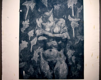 Masked Woman in forest etching - (limited edition of 7) - (Matted, O.D. approx 22 X 25.5 inches, Image size: approx 12x 16)