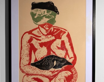 Framed Woodcut "Intuition" -  Limited edition of Five  (outside dimensions 24x36, image size approx 20x28)