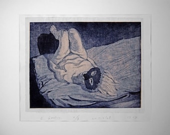 Reclining Masked Woman, 1997, etching - (limited edition of 8 - (O.D. approx  inches, Image size: approx )