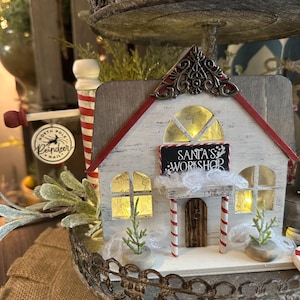 6” Santa's Workshop, North Pole Mail, Tiered Tray Decor, Wood Sign, Lighted