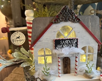 6” Santa's Workshop, North Pole Mail, Tiered Tray Decor, Wood Sign, Lighted