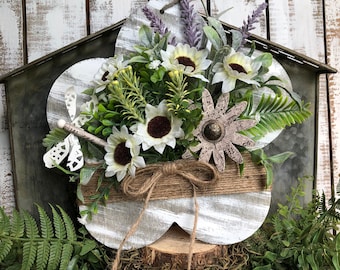 Sunflower Lavender Wood Sign: Distressed White Floral Wall Hanging