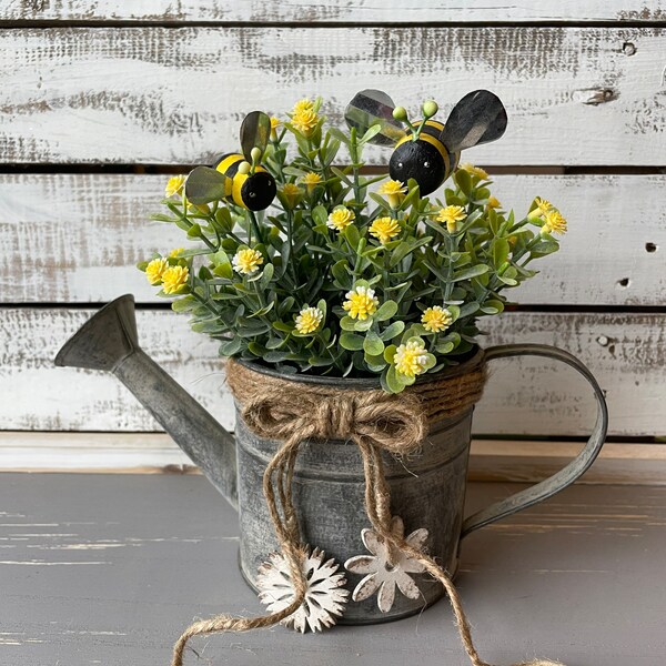 Watering Can Bee Arrangement, Large, Tin Container, Mini Flowers, Yellow