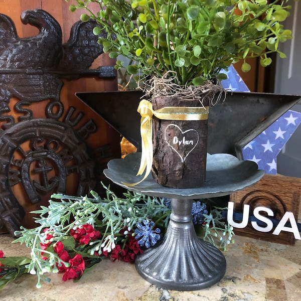 Mini Tree, Memorial Day, Yellow Ribbon, Military, Personalized, Rustic, Tiered Tray Greenery, Tiered Tray Plant