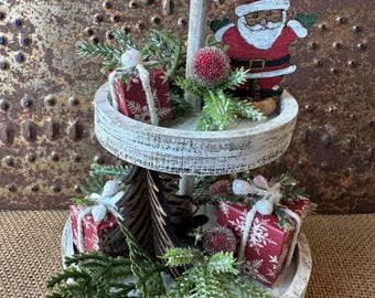 Christmas Mini Tiered Tray 5 3/4” Wood Presents & Trees Bundle