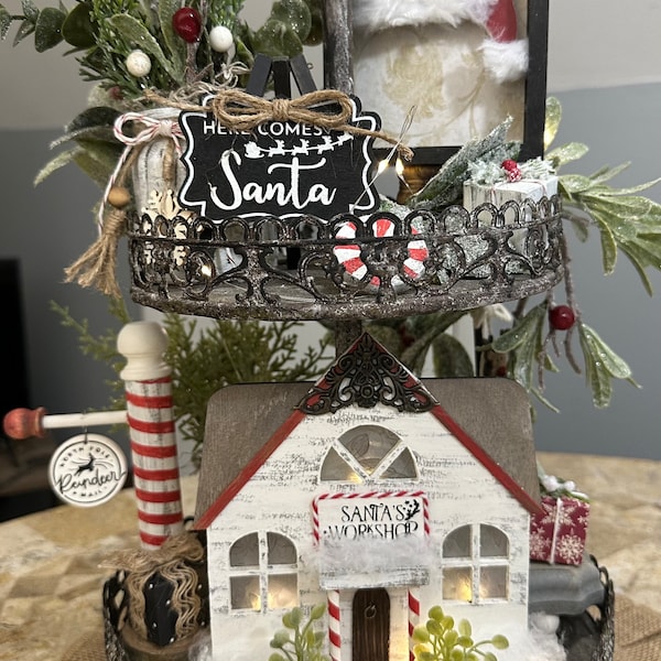 Christmas Tiered Tray Bundle, Santa's Workshop, North Pole Reindeer Mail, Christmas Arrangement, Mini Wood Presents