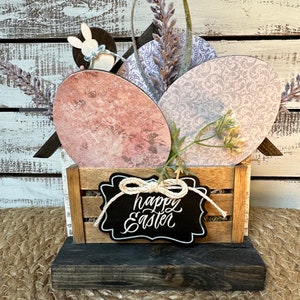 Easter Egg Tiered Tray Decor, Magnetic Wood Eggs, Bunny Sign, Vintage Prints