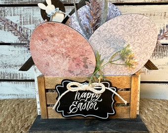 Easter Egg Tiered Tray Decor, Magnetic Wood Eggs, Bunny Sign, Vintage Prints