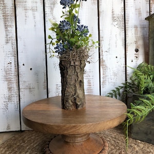 Rustic Wood Vase with Blue Mums: Tiered Tray Decor