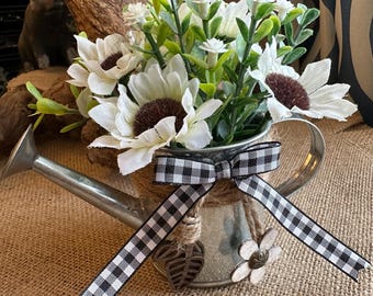 Sunflower Watering Can, Tiered Tray Decor, Black Buffalo Check Ribbon