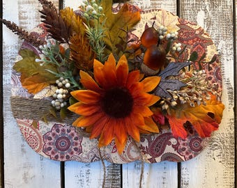 Pumpkin Sign, Paisley Print, Shelf Sitter, Sunflower, Orange, Maroon, Fall Leaves, Acorn