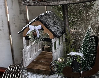 Mini Covered Bridge, Tiered Tray Decor, Christmas, Winter