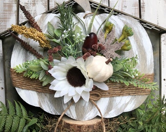 Pumpkin Sign, Distressed, Shelf Sitter, White Sunflower, Brown, Sage Green Leaves, Acorn