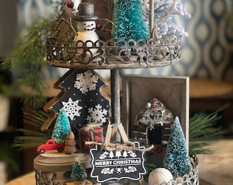Log Cabin Christmas Tiered Tray Decor: Rustic Buffalo Check Snowman