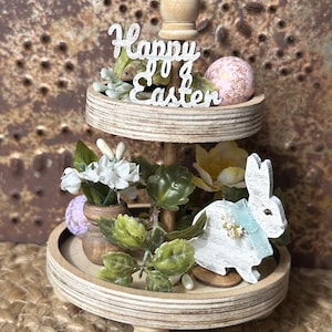 Mini Tiered Tray, Easter: 5 3/4” Bunny Decor, Flowers, Greenery