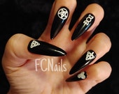 Wiccan False Nails, Black White Witch Nails, Hand Painted Acrylic Press On Nails