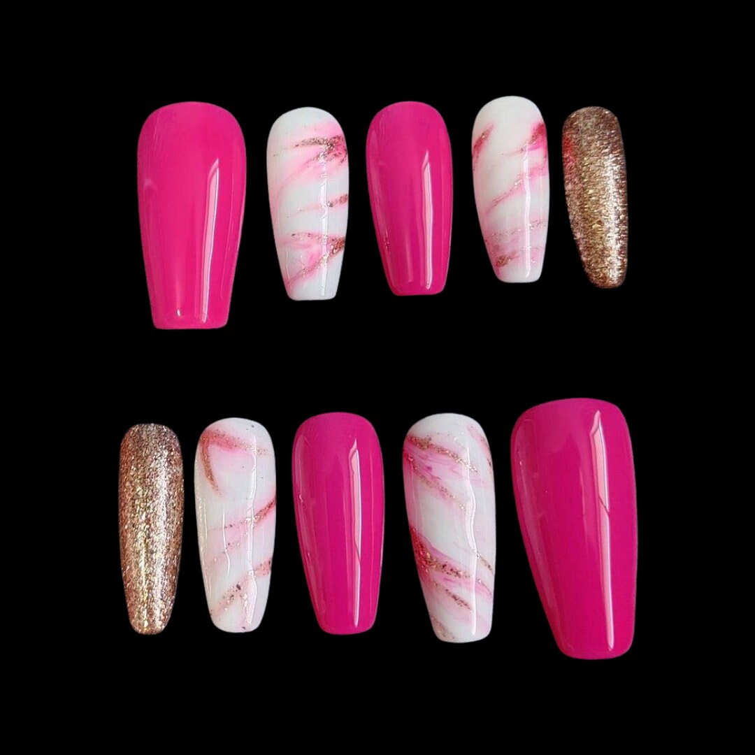 Pink Daze Press on Nails Coffin Ballerina Nails Marble Nails Pink Nails  Glue on Nails Neon Nails False Nails Made to Order - Etsy