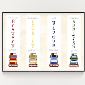 May include: A framed print featuring four columns with words like "courage" and "bravery" in red, yellow, blue, and green. Each column has a stack of pixelated books at the bottom. The background is a light beige with vertical stripes.