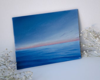 Blauer Meeresuntergang Original Ölgemälde, Öl auf Leinwand auf Pappe, rosa Wolken, Sommerhimmel, Ozeanlandschaft
