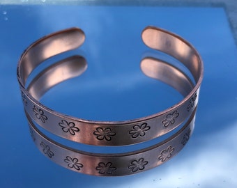 Cuff Bracelet, copper bracelet, hand stamped, flower bracelet