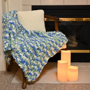 Hand Crocheted Loop Yarn Blanket | Blue, Green, and White Throw