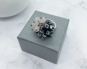 cha-cha anillo de plata esterlina / anillo de piedras preciosas de cubo de cuarzo rosa / anillo ajustable de racimo de hematita / anillo de declaración chacha / regalo para ella