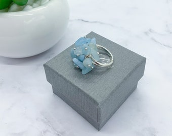 Anillo de plata esterlina cha-cha / Anillo de piedras preciosas aguamarina / Anillo ajustable de racimo de aguamarina / Anillo de declaración cha cha / regalo para ella