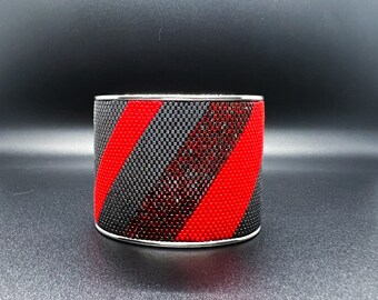 Handmade Beaded Cuff | Wide Bangle Red Grey Cuff | Colorful Bracelet | Japanese Seed Beaded Cuff | Gift For Her | Modern Color Block Cuff