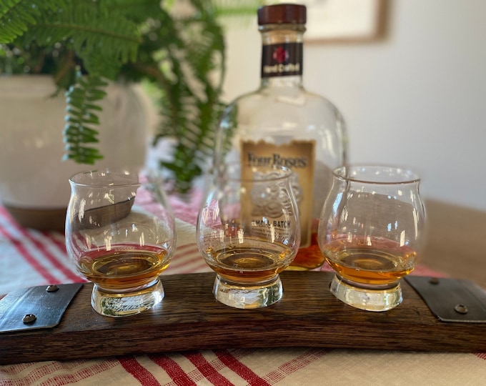 Kentucky Bourbon Trail Flight Tray, Made from an Authentic Whiskey/Bourbon Barrel Stave - 3 Glass