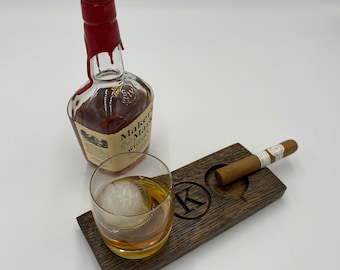Rocks Glass Coaster With Cigar Ashtray - Made From Reclaimed Whiskey Barrel - With Personalization