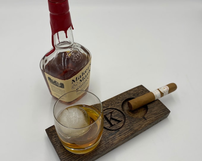 Rocks Glass Coaster With Cigar Ashtray - Made From Reclaimed Whiskey Barrel - With Personalization