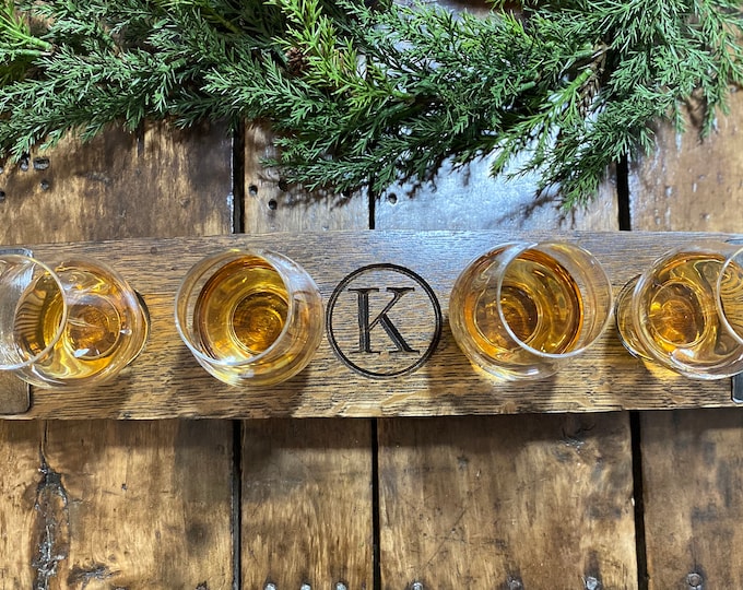 Personalized Glencairn Whiskey Flight Tray- Made from Whiskey Barrel Staves