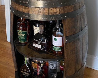 Whiskey Barrel Liquor Cabinet | Handcrafted from an Authentic Whiskey Barrel | Personalization Available