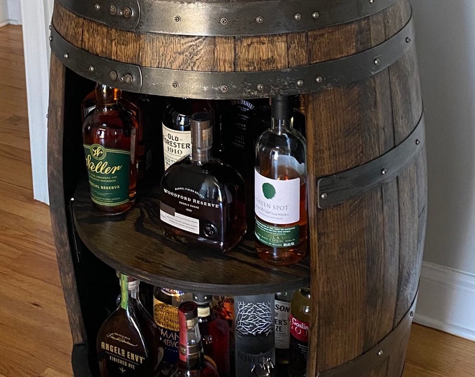Whiskey Barrel Liquor Cabinet | Handcrafted from an Authentic Whiskey Barrel | Personalization Available