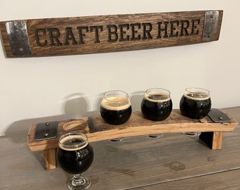 Four Glass Beer Flight Tray Made from a Reclaimed Whiskey Barrel Stave