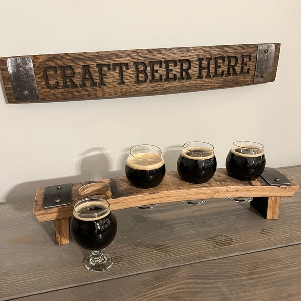 Four Glass Beer Flight Tray Made from a Reclaimed Whiskey Barrel Stave