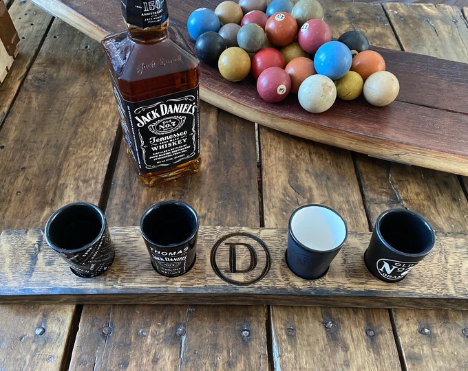 Personalized Shot Glass Flight Tray - Made from an Authentic Whiskey Barrel Stave