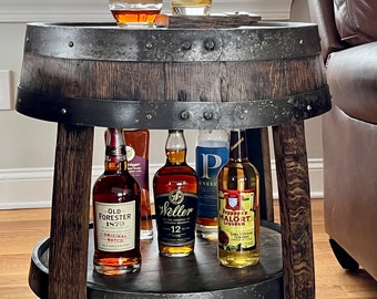 End Table Made from Authentic Whiskey Barrel with Bottom Shelf