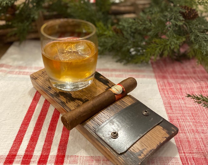 Cigar and Rocks Glass Coaster/Rest - Includes 9 Ounce Rocks Glass Made From Reclaimed Whiskey Barrel Stave - Personalization Available