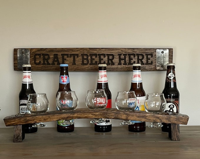 Five Glass Beer Flight Tray Made from a Reclaimed Whiskey Barrel Stave