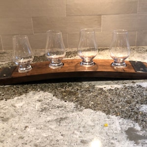 Flight Tray For 4 Glencairn Glasses, Made from an Authentic Whiskey/Bourbon Barrel Stave - 4 Glass