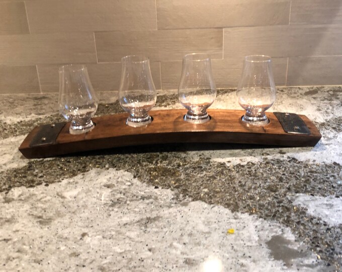 Flight Tray For 4 Glencairn Glasses, Made from an Authentic Whiskey/Bourbon Barrel Stave - 4 Glass