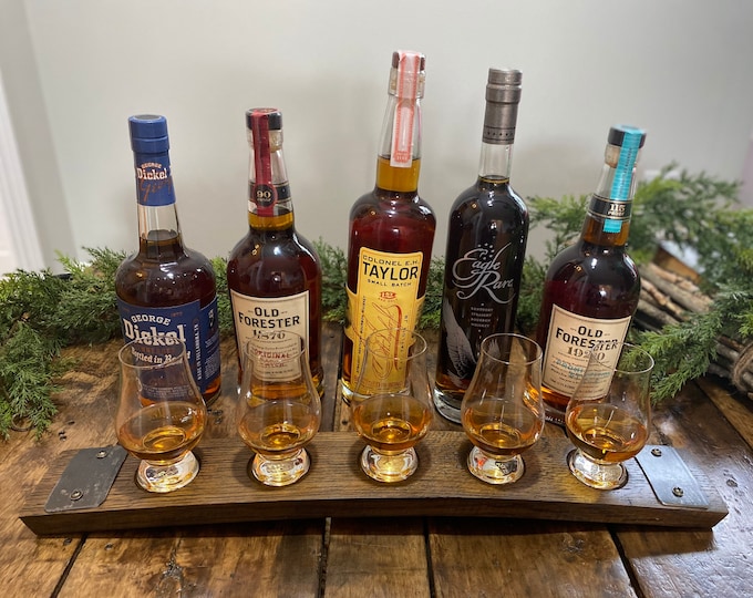 Glencairn Whiskey Flight Tray, Made from a Whiskey Barrel Stave - 5 Glass