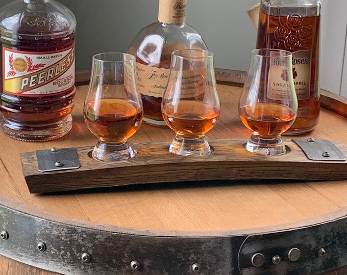 Glencairn Whiskey Flight Tray, Made from a Whiskey Barrel Stave - 3 Glass | Personalization Available