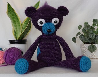 Soft Purple Bear Plushie with a mohawk. Stuffed Crochet Amigurumi toy 17 inch Handmade OOAK stuffie