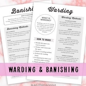 May include: Two pages of a guide to banishing and warding negative energies. The pages are printed on white paper with black text and are set against a pink background. The text includes the words "Banishing", "Warding", "Methods", "Elements", "Herbs", "Sigils", "Crystals", "Guardian Ward", "How to Ward", and "Warding & Banishing".